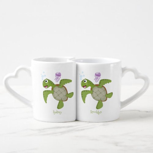 Cute green sea turtle happy cartoon illustration coffee mug set