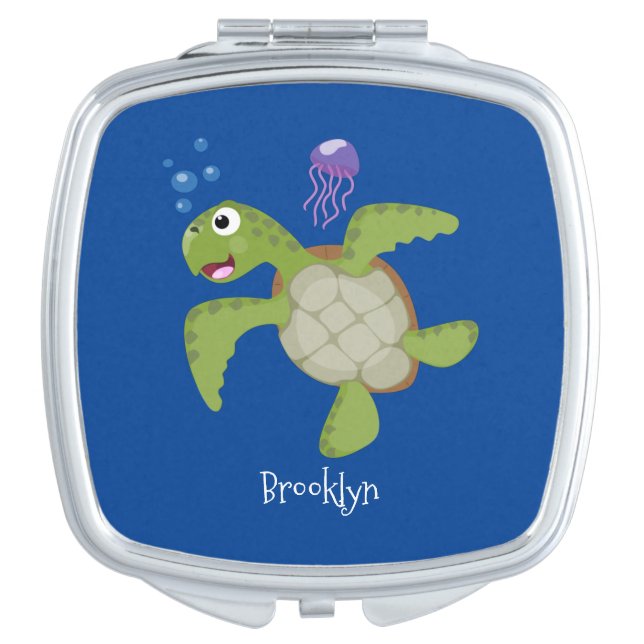 Cute green sea turtle happy cartoon illustration compact mirror (Front)