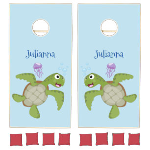 Cute green sea turtle happy cartoon illustration cornhole set