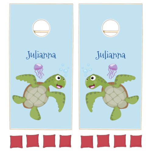 Cute green sea turtle happy cartoon illustration cornhole set