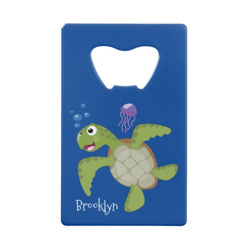 Cute green sea turtle happy cartoon illustration credit card bottle opener