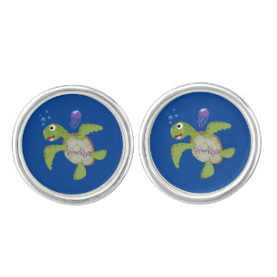 Cute green sea turtle happy cartoon illustration cufflinks
