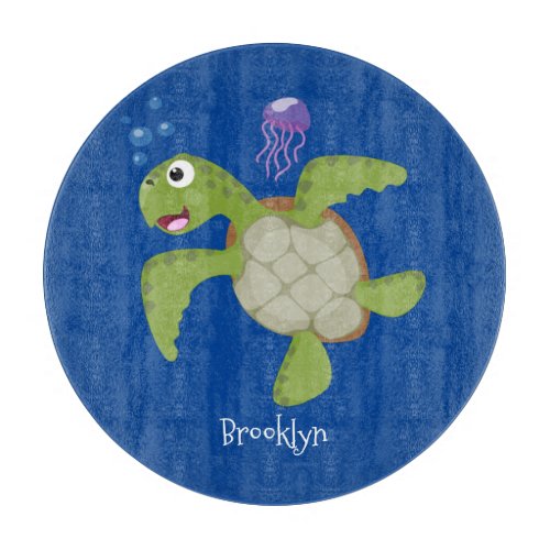 Cute green sea turtle happy cartoon illustration cutting board