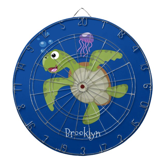Cute green sea turtle happy cartoon illustration dart board (Front)