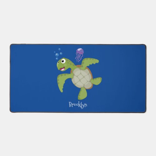 Cute green sea turtle happy cartoon illustration desk mat