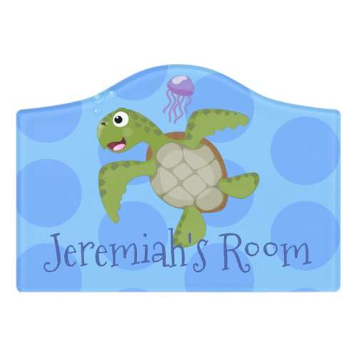 Cute green sea turtle happy cartoon illustration door sign