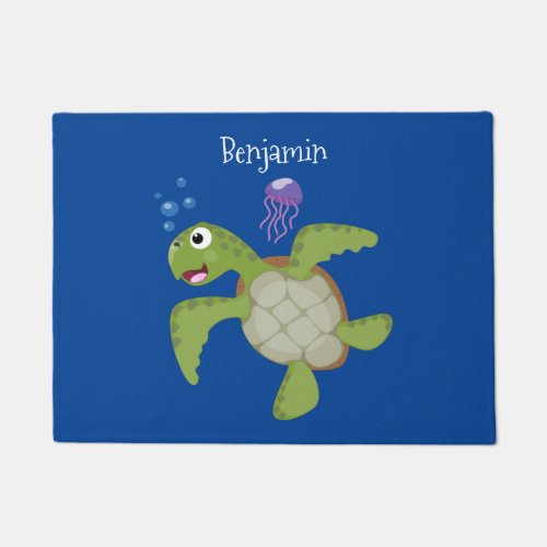 Cute green sea turtle happy cartoon illustration doormat