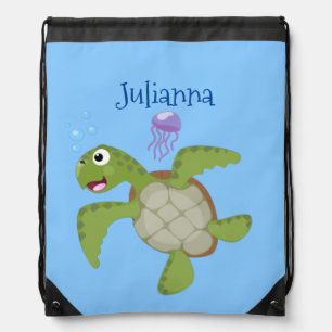 Cute green sea turtle happy cartoon illustration drawstring bag