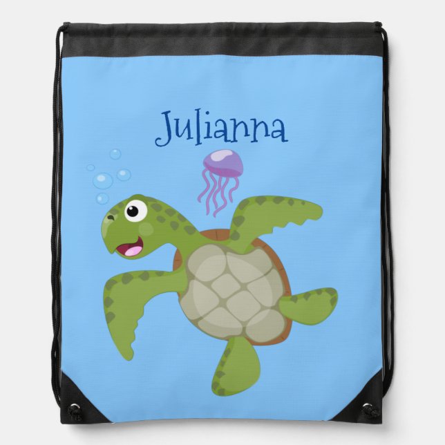 Cute green sea turtle happy cartoon illustration drawstring bag (Front)