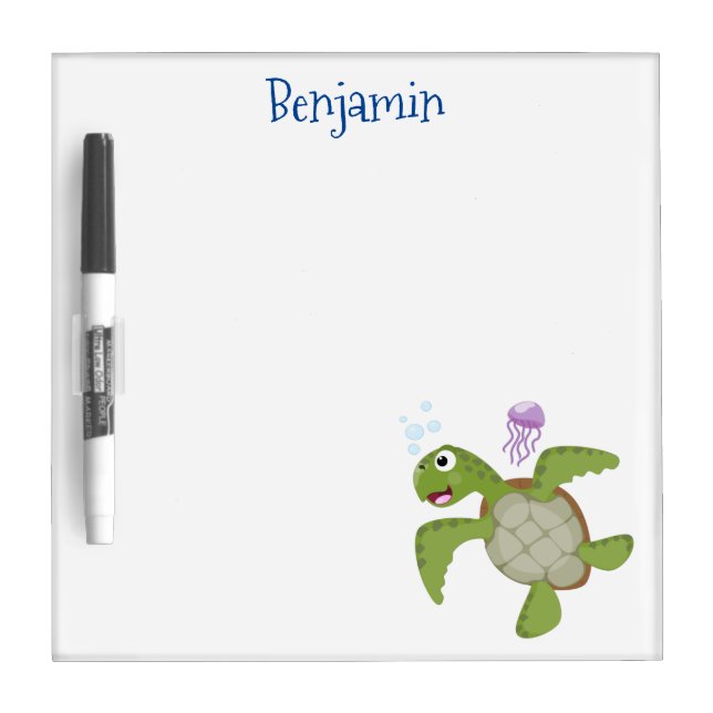 Cute green sea turtle happy cartoon illustration dry erase board (Front)