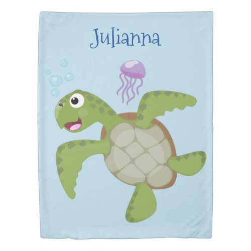 Cute green sea turtle happy cartoon illustration duvet cover