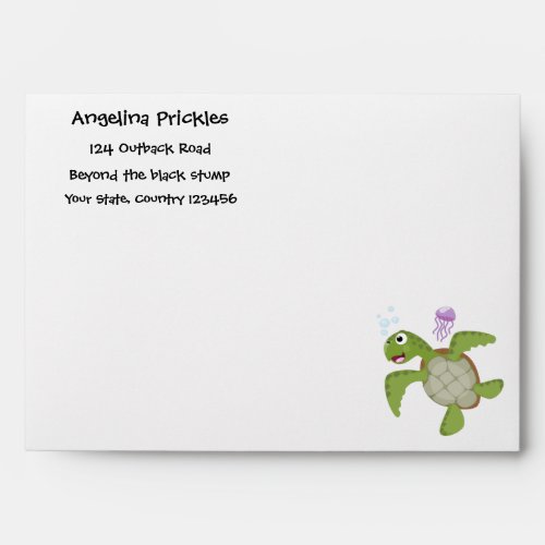 Cute green sea turtle happy cartoon illustration envelope