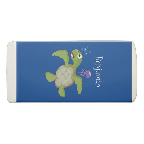 Cute green sea turtle happy cartoon illustration eraser