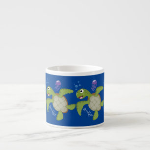 Cute green sea turtle happy cartoon illustration espresso cup
