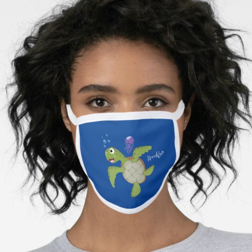 Cute green sea turtle happy cartoon illustration face mask