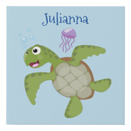 Cute green sea turtle happy cartoon illustration faux canvas print