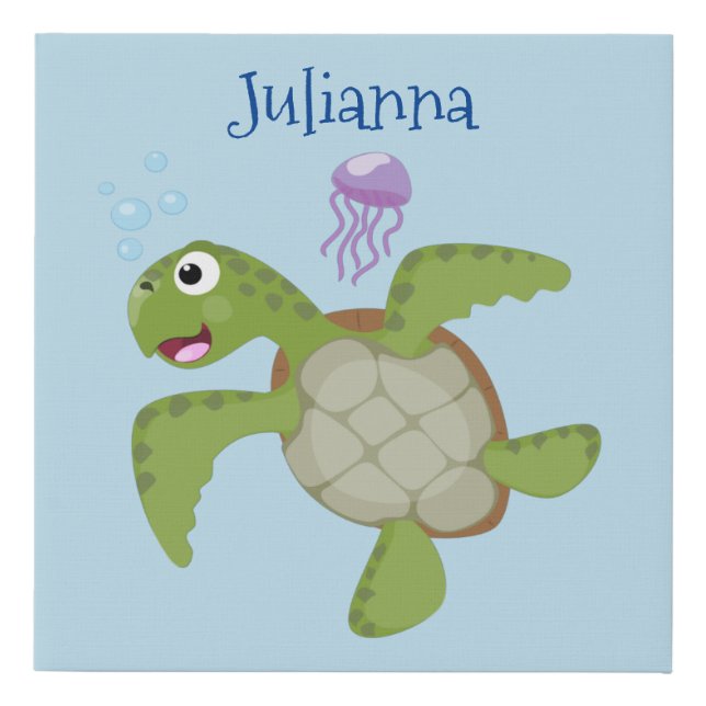 Cute green sea turtle happy cartoon illustration faux canvas print (Front)