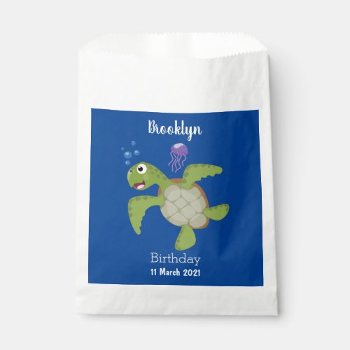 Cute green sea turtle happy cartoon illustration favor bag