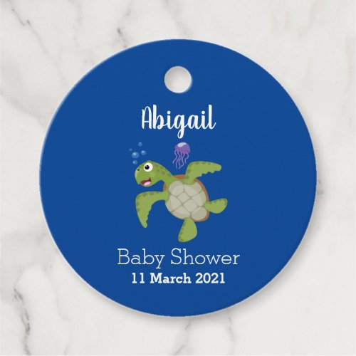 Cute green sea turtle happy cartoon illustration favor tags