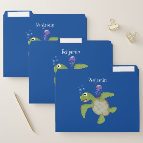 Cute green sea turtle happy cartoon illustration file folder