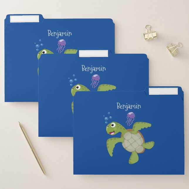 Cute green sea turtle happy cartoon illustration file folder (Set)