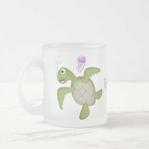Cute green sea turtle happy cartoon illustration frosted glass coffee mug