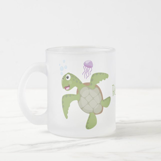 Cute green sea turtle happy cartoon illustration frosted glass coffee mug (Left)