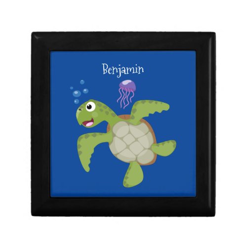 Cute green sea turtle happy cartoon illustration gift box