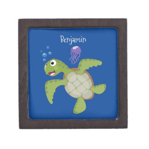 Cute green sea turtle happy cartoon illustration gift box