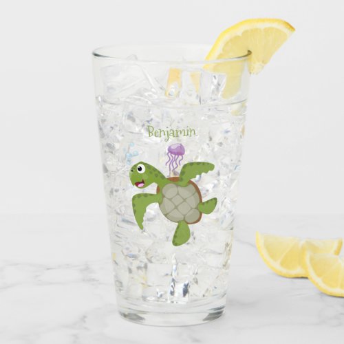 Cute green sea turtle happy cartoon illustration glass