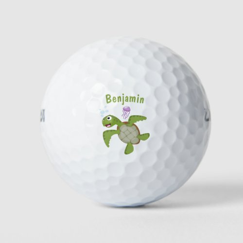 Cute green sea turtle happy cartoon illustration golf balls