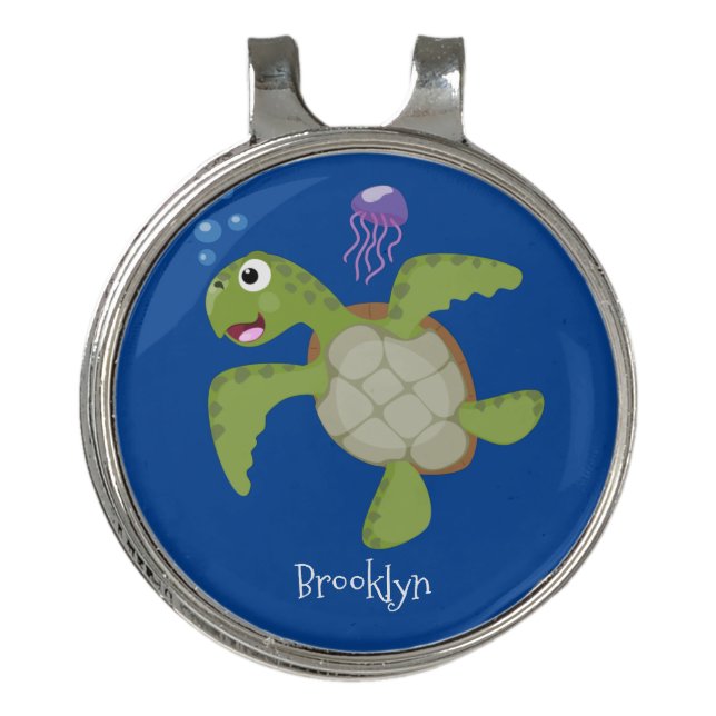 Cute green sea turtle happy cartoon illustration golf hat clip (Front)