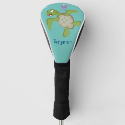 Cute green sea turtle happy cartoon illustration golf head cover