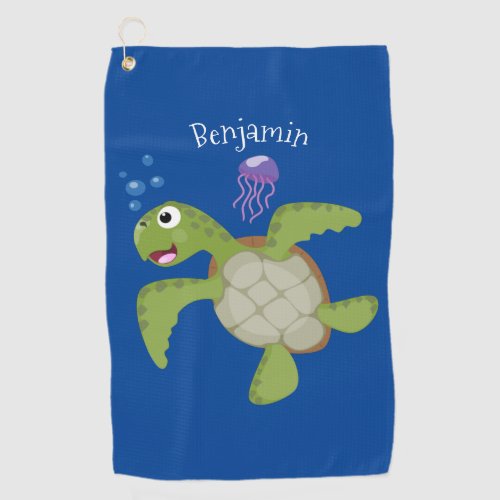 Cute green sea turtle happy cartoon illustration golf towel