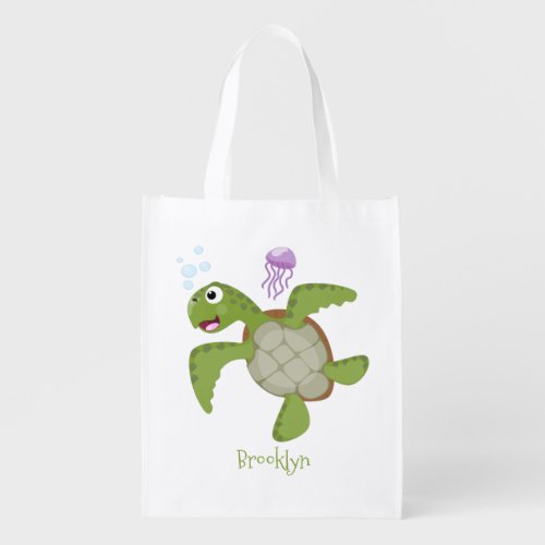 Cute green sea turtle happy cartoon illustration grocery bag