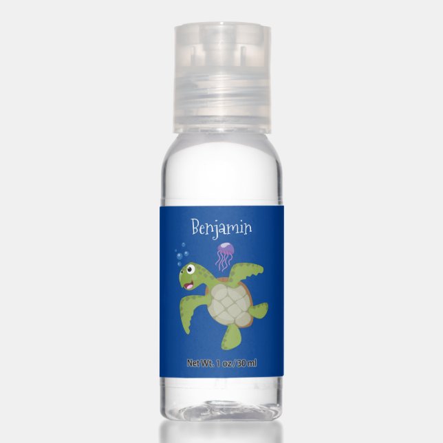 Cute green sea turtle happy cartoon illustration hand sanitizer (Front)