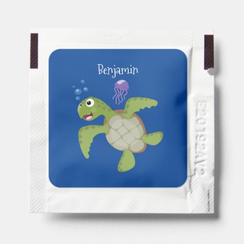 Cute green sea turtle happy cartoon illustration hand sanitizer packet
