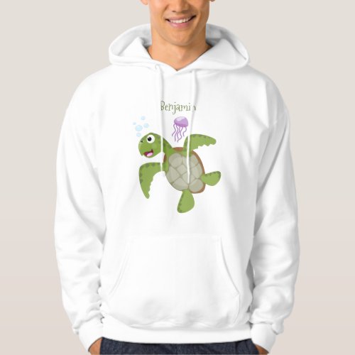 Cute green sea turtle happy cartoon illustration hoodie