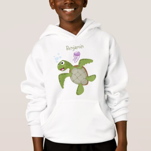 Cute green sea turtle happy cartoon illustration hoodie
