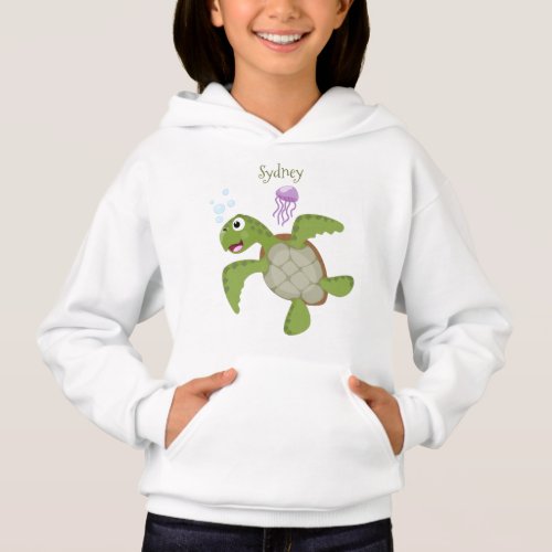 Cute green sea turtle happy cartoon illustration hoodie
