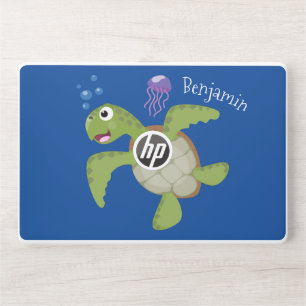 Cute green sea turtle happy cartoon illustration HP laptop skin