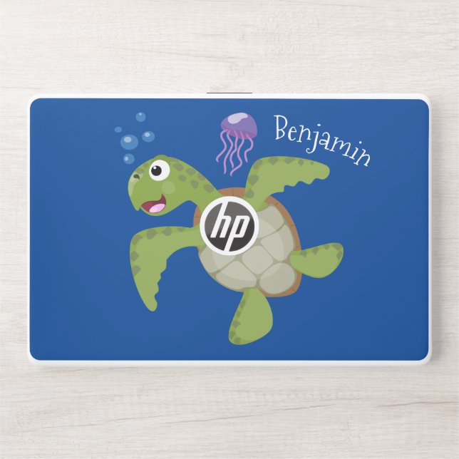 Cute green sea turtle happy cartoon illustration HP laptop skin (Front)