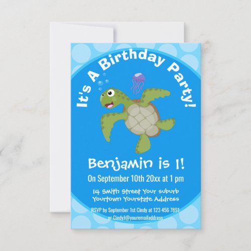 Cute green sea turtle happy cartoon illustration invitation