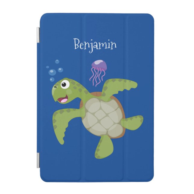 Cute green sea turtle happy cartoon illustration iPad mini cover (Front)