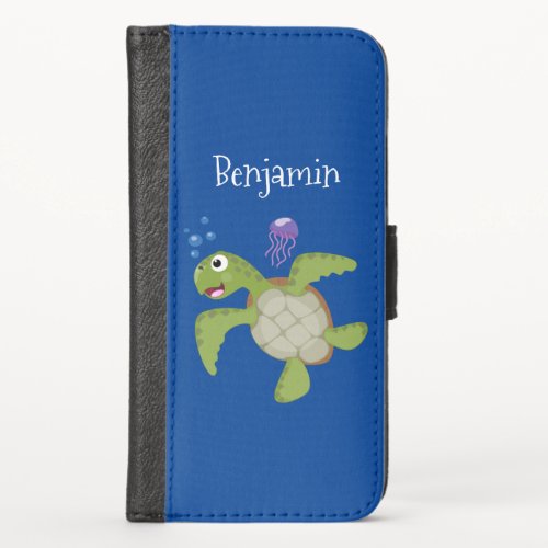 Cute green sea turtle happy cartoon illustration iPhone x wallet case