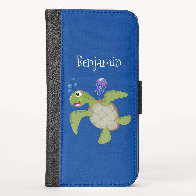 Cute green sea turtle happy cartoon illustration iPhone wallet case (Front)