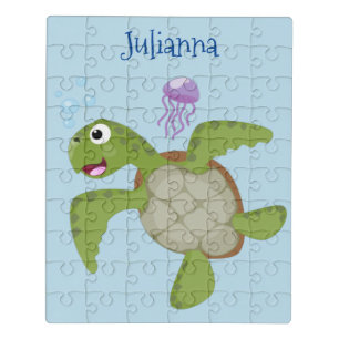 Cute green sea turtle happy cartoon illustration jigsaw puzzle