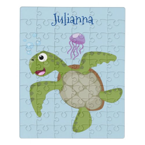 Cute green sea turtle happy cartoon illustration jigsaw puzzle