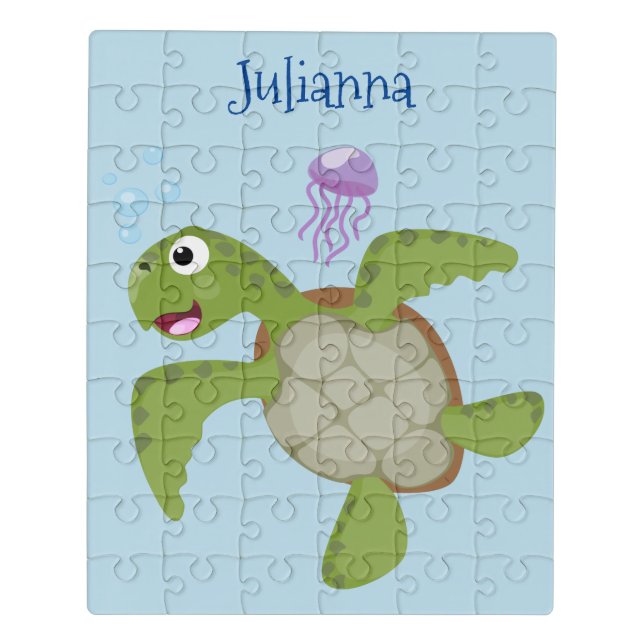 Cute green sea turtle happy cartoon illustration jigsaw puzzle (Puzzle Vertical)