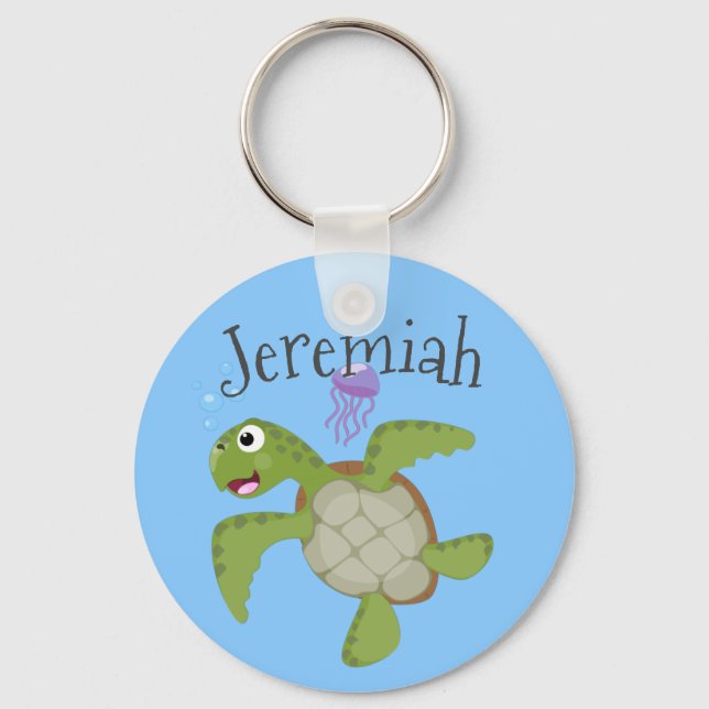 Cute green sea turtle happy cartoon illustration keychain (Front)